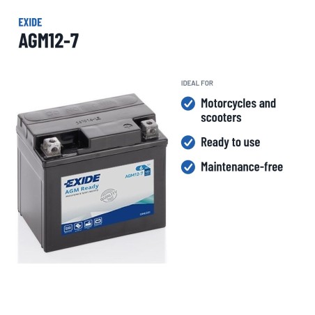 Batería de moto Exide AGM12-7 12V 6Ah 100A AGM | baterias.com