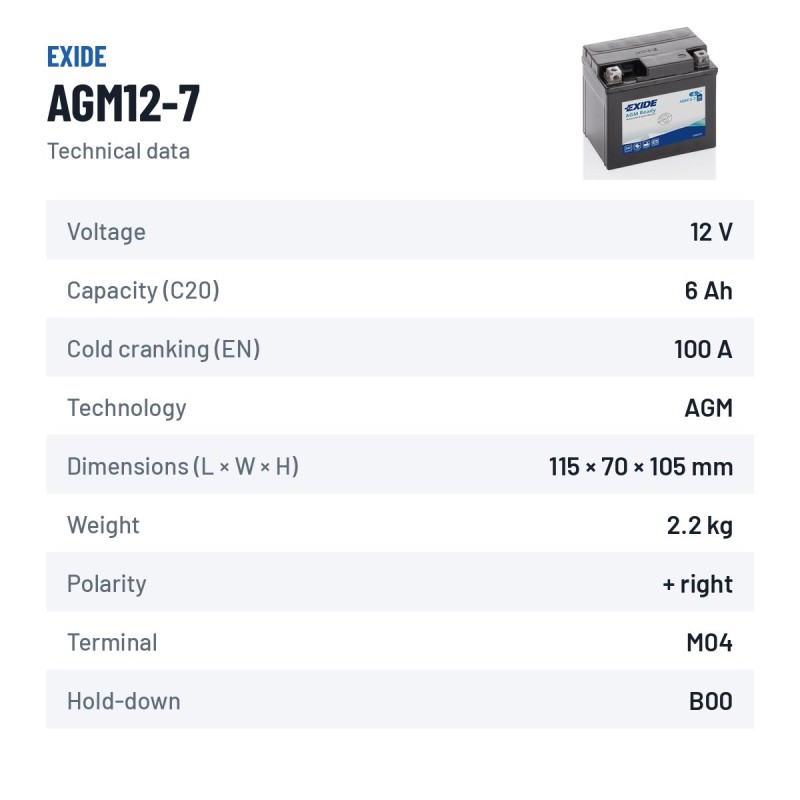 Batterie moto Exide AGM12-7 12V 6Ah 100A AGM – fiche technique