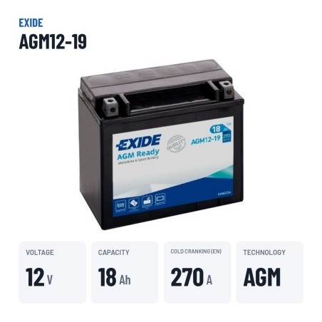 Motorcycle battery Exide AGM12-19 12V 18Ah 270A AGM – key specs