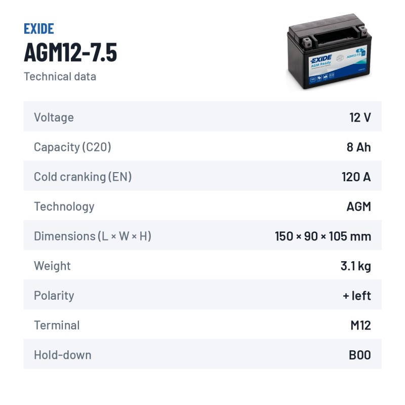 Batteria moto Exide AGM12-7.5 12V 8Ah 120A AGM – scheda tecnica