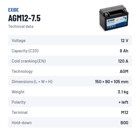Batterie moto Exide AGM12-7.5 12V 8Ah 120A AGM – fiche technique