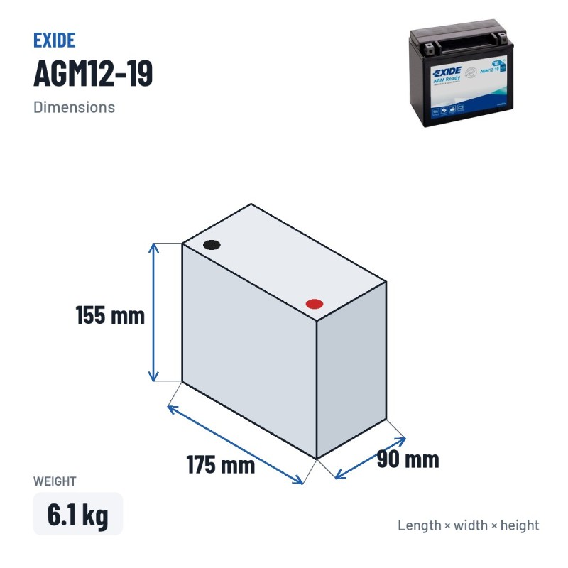 Batterie moto Exide AGM12-19 12V 18Ah 270A AGM – dimensions 175 × 90 × 155 mm
