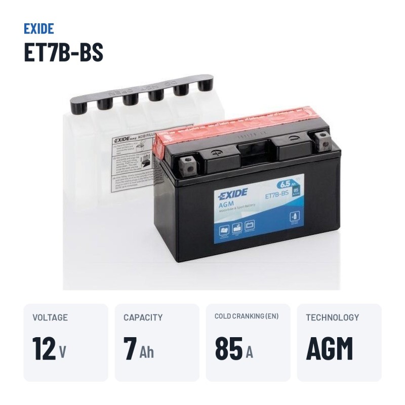 Motorcycle battery Exide ET7B-BS 12V 7Ah 85A AGM – key specs