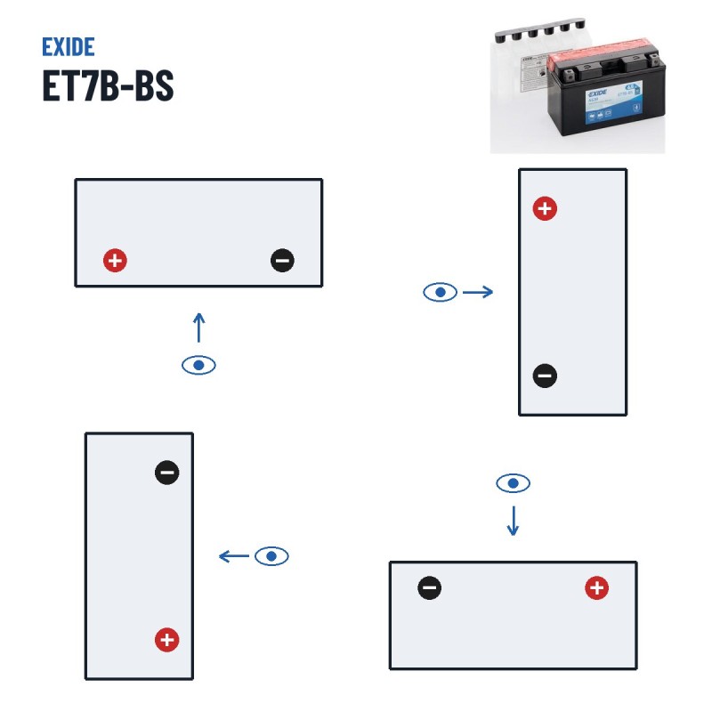 Motorradbatterie Exide ET7B-BS 12V 7Ah 85A AGM – Polarität (Schaltung 1, + links)