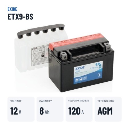 Batería de moto Exide ETX9-BS 12V 8Ah 120A AGM – datos clave