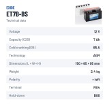 Motorradbatterie Exide ET7B-BS 12V 7Ah 85A AGM – technische Daten