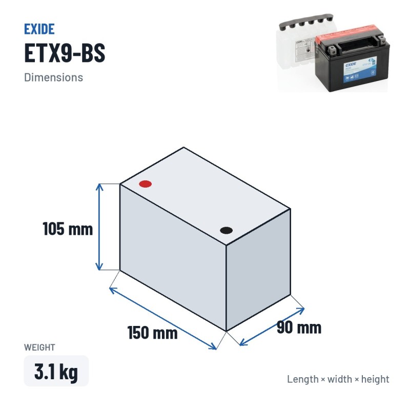 Motorcycle battery Exide ETX9-BS 12V 8Ah 120A AGM – dimensions 150 × 90 × 105 mm