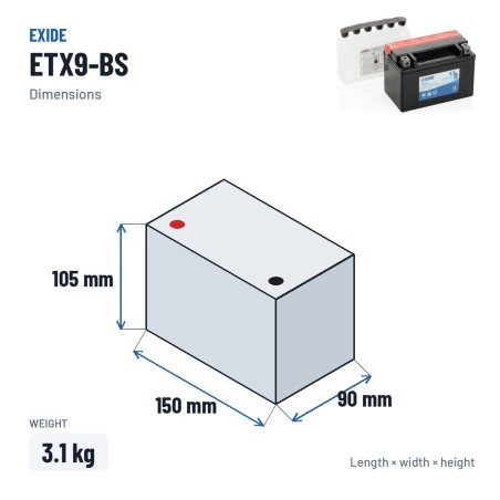 Batería de moto Exide ETX9-BS 12V 8Ah 120A AGM – medidas 150 × 90 × 105 mm