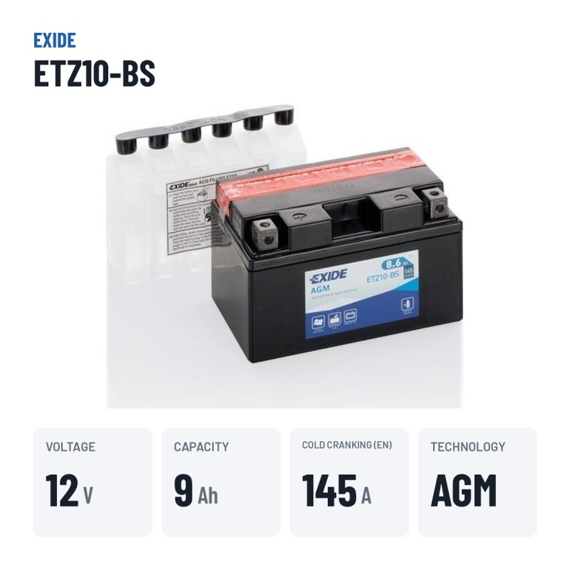 Batterie moto Exide ETZ10-BS 12V 9Ah 145A AGM – caractéristiques clés