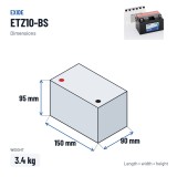 Batterie moto Exide ETZ10-BS 12V 9Ah 145A AGM – dimensions 150 × 90 × 95 mm