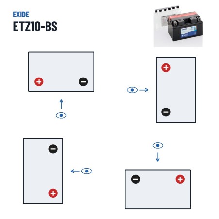 Batterie moto Exide ETZ10-BS 12V 9Ah 145A AGM – polarité (schéma 1, + à gauche)