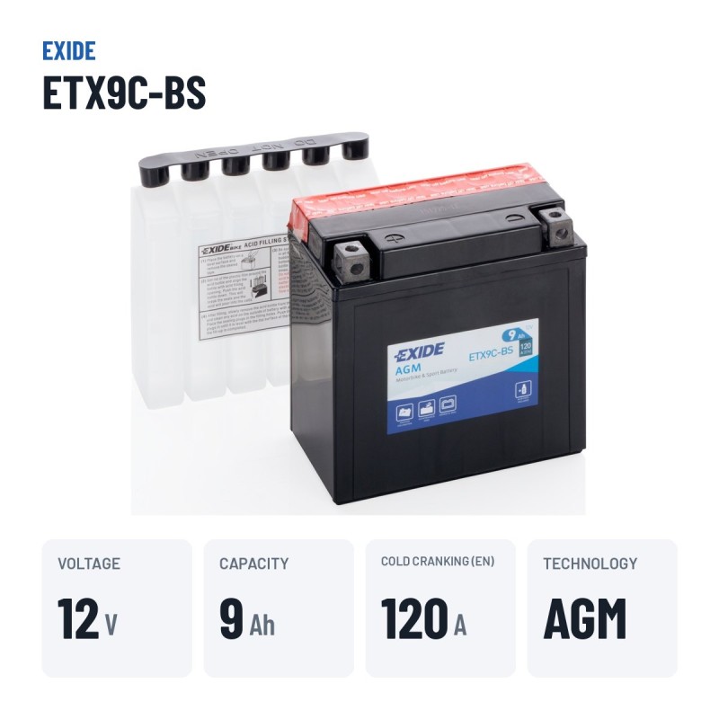 Batteria moto Exide ETX9C-BS 12V 9Ah 120A AGM | baterias.com