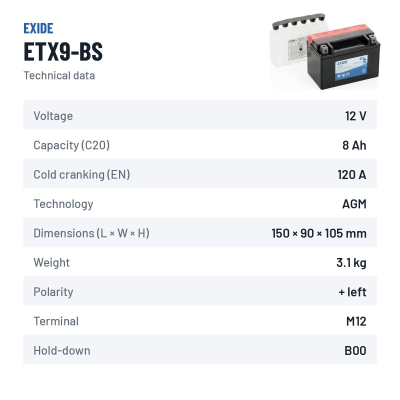 Motorcycle battery Exide ETX9-BS 12V 8Ah 120A AGM – technical data