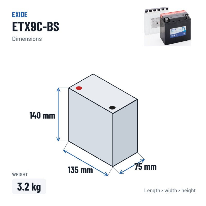 Batería de moto Exide ETX9C-BS 12V 9Ah 120A AGM | baterias.com