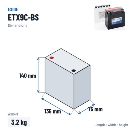 Batteria moto Exide ETX9C-BS 12V 9Ah 120A AGM | baterias.com