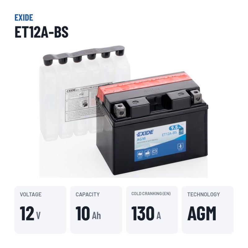Batería de moto Exide ET12A-BS 12V 10Ah 130A AGM – datos clave