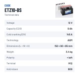Batterie moto Exide ETZ10-BS 12V 9Ah 145A AGM – fiche technique