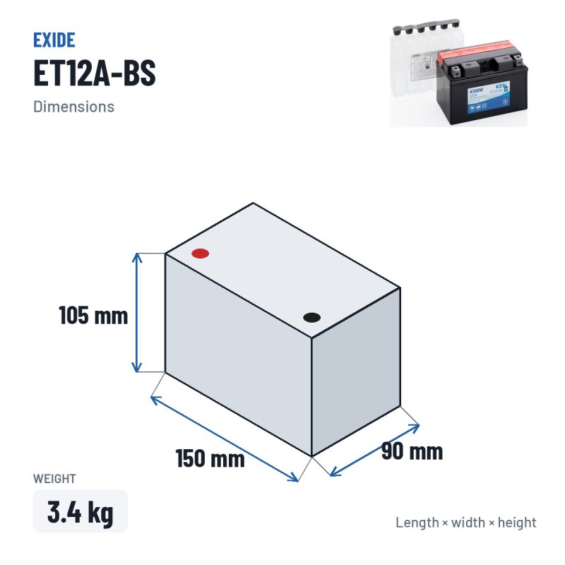 Motorradbatterie Exide ET12A-BS 12V 10Ah 130A AGM – Abmessungen 150 × 90 × 105 mm
