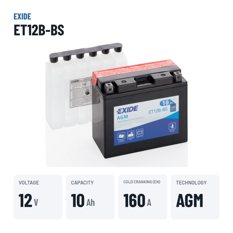 Batería de moto Exide ET12B-BS 12V 10Ah 160A AGM | baterias.com