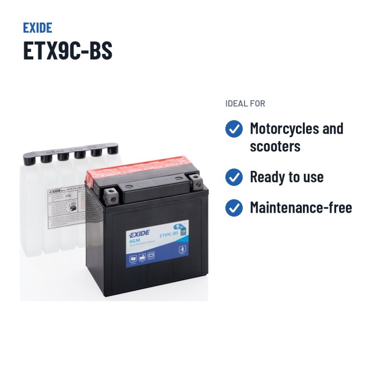 Batería de moto Exide ETX9C-BS 12V 9Ah 120A AGM | baterias.com