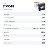 Batteria moto Exide ETX9C-BS 12V 9Ah 120A AGM | baterias.com