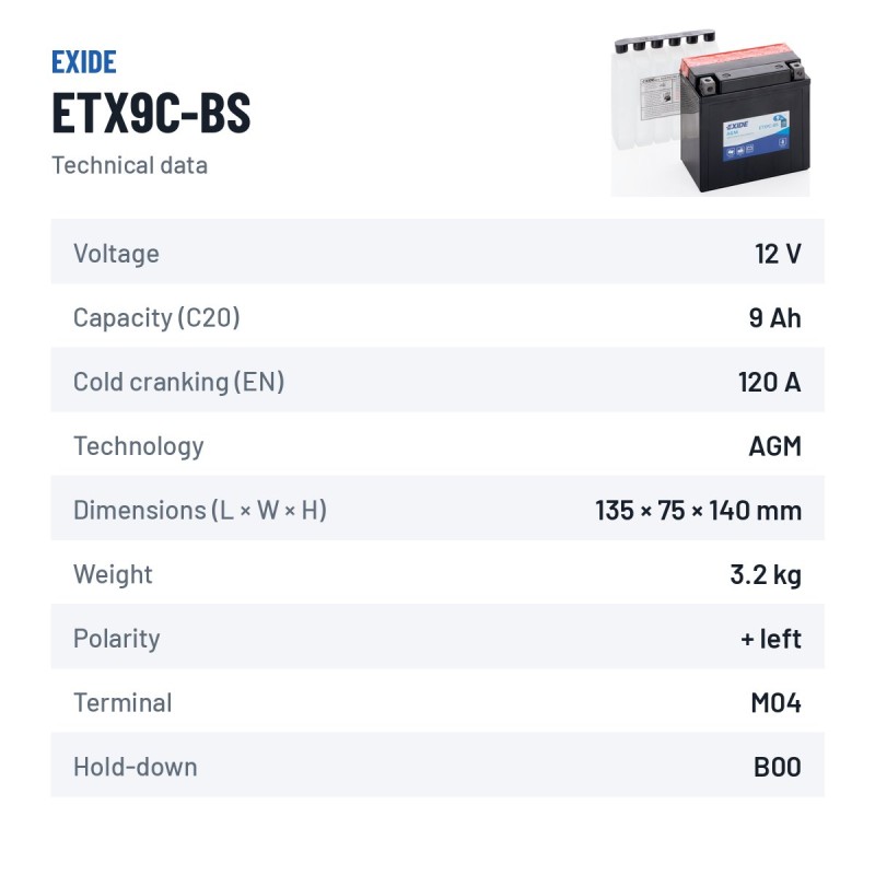 Batterie moto Exide ETX9C-BS 12V 9Ah 120A AGM – fiche technique