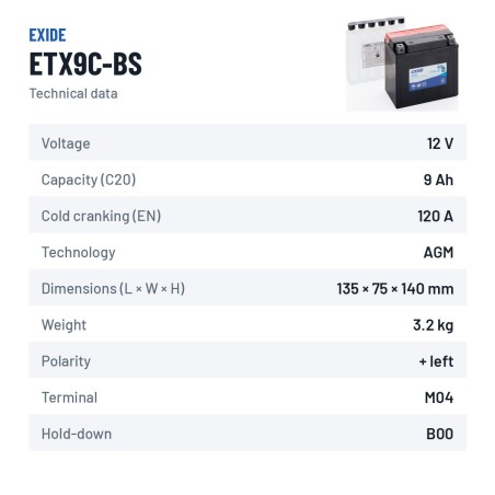 Batterie moto Exide ETX9C-BS 12V 9Ah 120A AGM – fiche technique