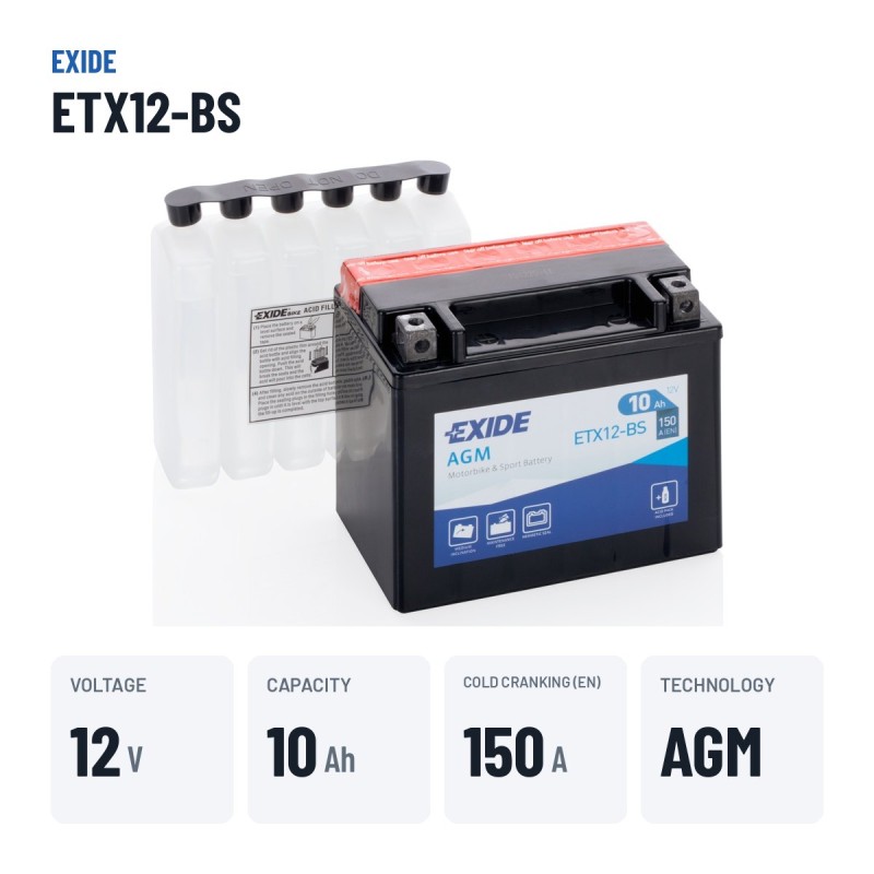 Bateria de mota Exide ETX12-BS 12V 10Ah 150A AGM – dados principais