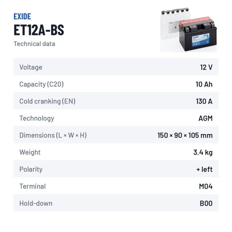 Batteria moto Exide ET12A-BS 12V 10Ah 130A AGM – scheda tecnica