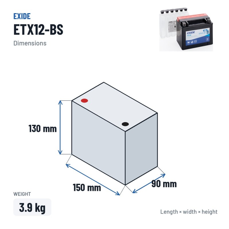 Bateria de mota Exide ETX12-BS 12V 10Ah 150A AGM – medidas 150 × 90 × 130 mm