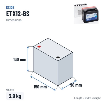 Bateria de mota Exide ETX12-BS 12V 10Ah 150A AGM – medidas 150 × 90 × 130 mm