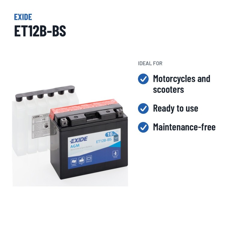 Batería de moto Exide ET12B-BS 12V 10Ah 160A AGM | baterias.com