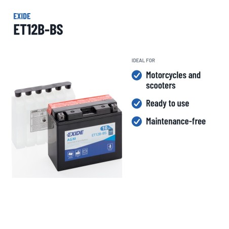 Batería de moto Exide ET12B-BS 12V 10Ah 160A AGM | baterias.com