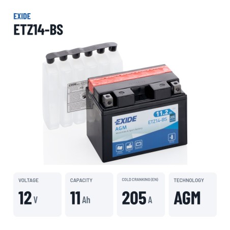 Motorradbatterie Exide ETZ14-BS 12V 11Ah 205A AGM – wichtigste Daten