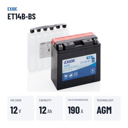 Batteria moto Exide ET14B-BS 12V 12Ah 190A AGM – dati principali