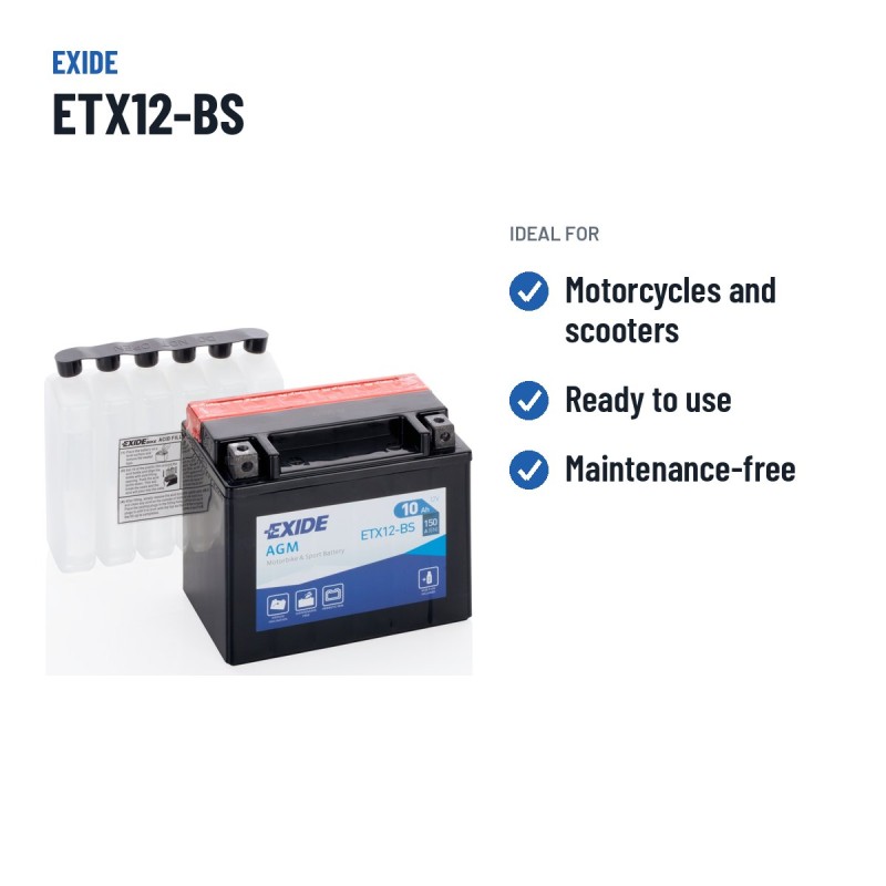 Bateria de mota Exide ETX12-BS 12V 10Ah 150A AGM – utilizações recomendadas