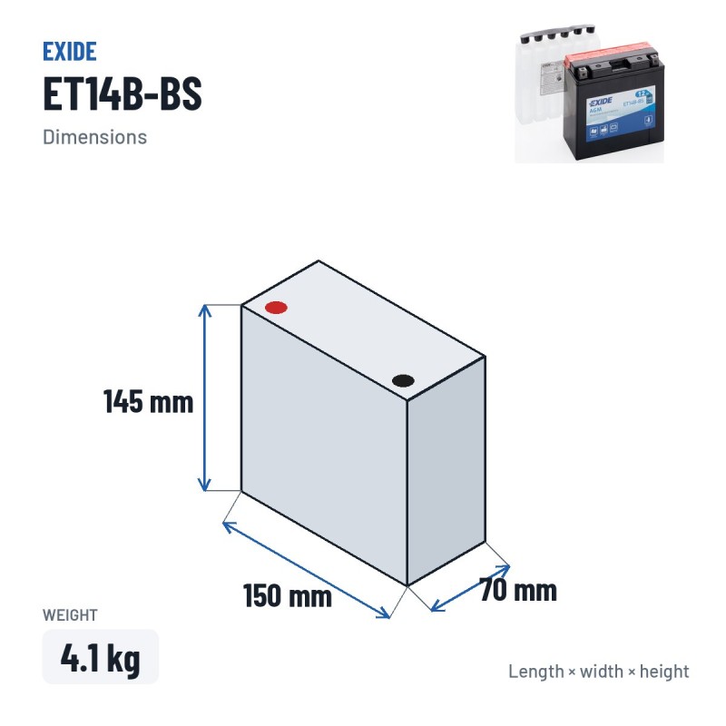 Motorradbatterie Exide ET14B-BS 12V 12Ah 190A AGM – Abmessungen 150 × 70 × 145 mm