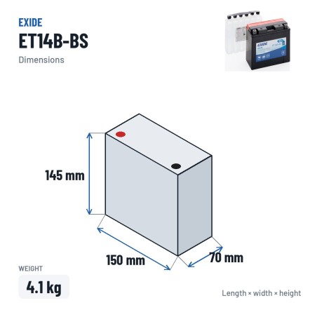 Motorradbatterie Exide ET14B-BS 12V 12Ah 190A AGM – Abmessungen 150 × 70 × 145 mm