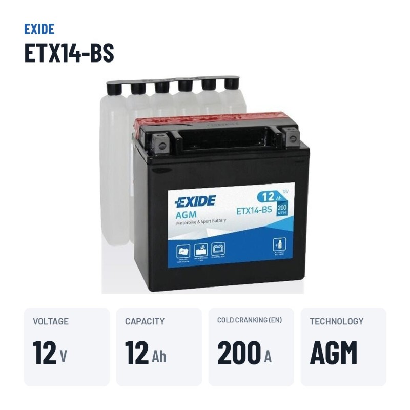 Bateria de mota Exide ETX14-BS 12V 12Ah 200A AGM – dados principais