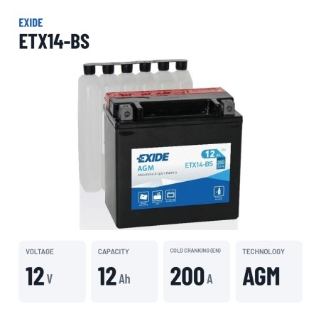 Batterie moto Exide ETX14-BS 12V 12Ah 200A AGM – caractéristiques clés