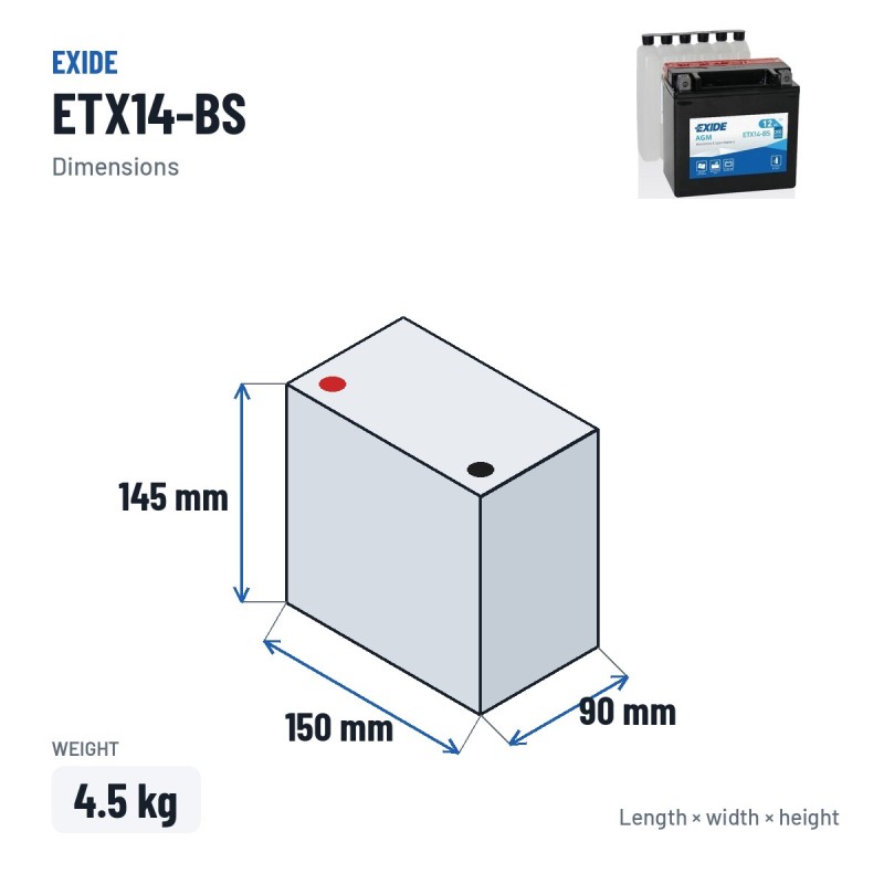 Motorcycle battery Exide ETX14-BS 12V 12Ah 200A AGM – dimensions 150 × 90 × 145 mm