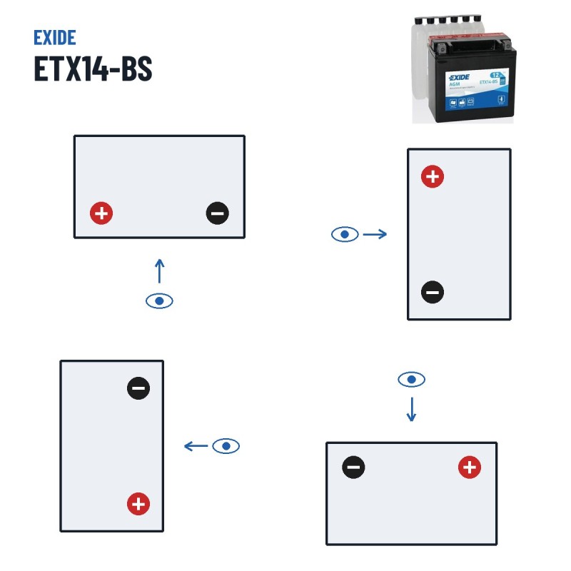 Motorcycle battery Exide ETX14-BS 12V 12Ah 200A AGM – polarity (layout 1, + left)