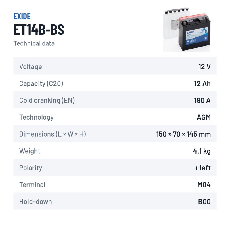 Motorcycle battery Exide ET14B-BS 12V 12Ah 190A AGM – technical data