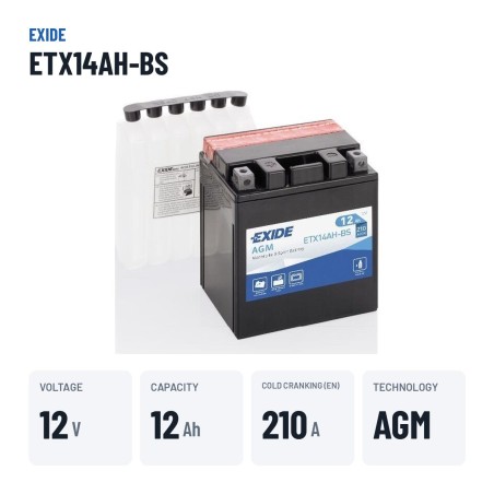 Batterie moto Exide ETX14AH-BS 12V 12Ah 210A AGM – caractéristiques clés