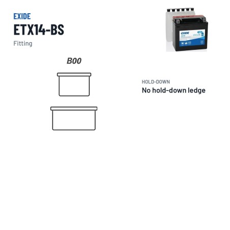 Motorcycle battery Exide ETX14-BS 12V 12Ah 200A AGM – terminal and hold-down