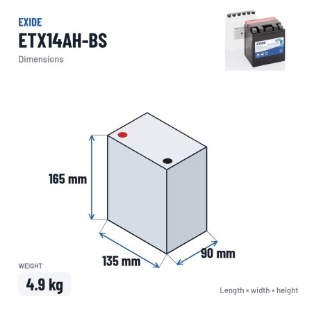 Bateria de mota Exide ETX14AH-BS 12V 12Ah 210A AGM – medidas 135 × 90 × 165 mm