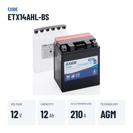 Motorcycle battery Exide ETX14AHL-BS 12V 12Ah 210A AGM – key specs
