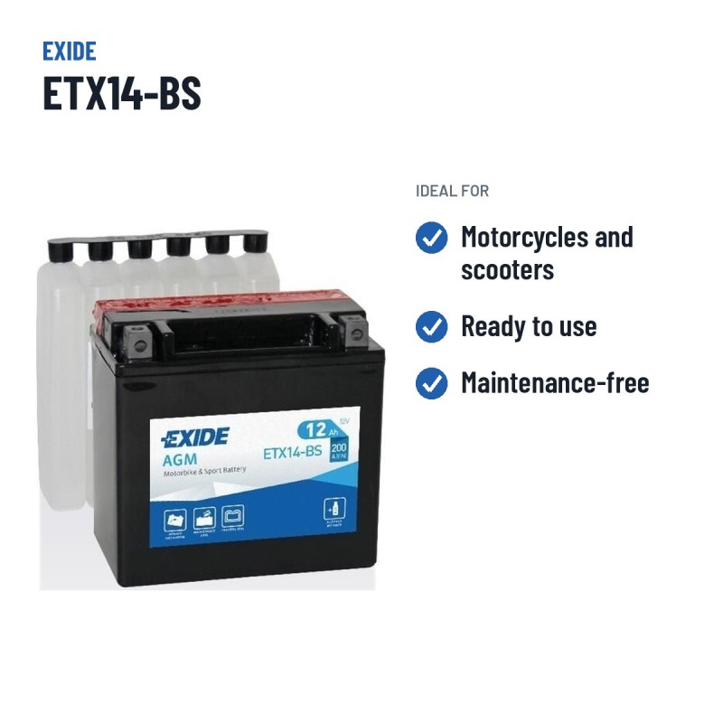 Batterie moto Exide ETX14-BS 12V 12Ah 200A AGM – utilisations recommandées