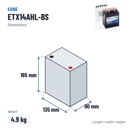 Motorcycle battery Exide ETX14AHL-BS 12V 12Ah 210A AGM – dimensions 135 × 90 × 165 mm