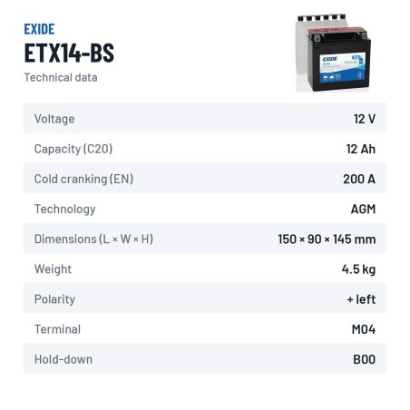 Batterie moto Exide ETX14-BS 12V 12Ah 200A AGM – fiche technique